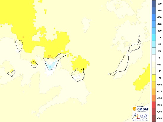 Anomalía de la insolación en el mes de abril de 2020 en el Archipiélago Canario