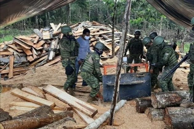 En el sector Shiripuno de la parroquia Inés Arango, cantón Francisco de Orellana (Orellana), el Batallón de Operaciones Especiales Selva N° 54 desmanteló un aserradero ilegal a inicios de julio 2020. Foto: Cortesía
