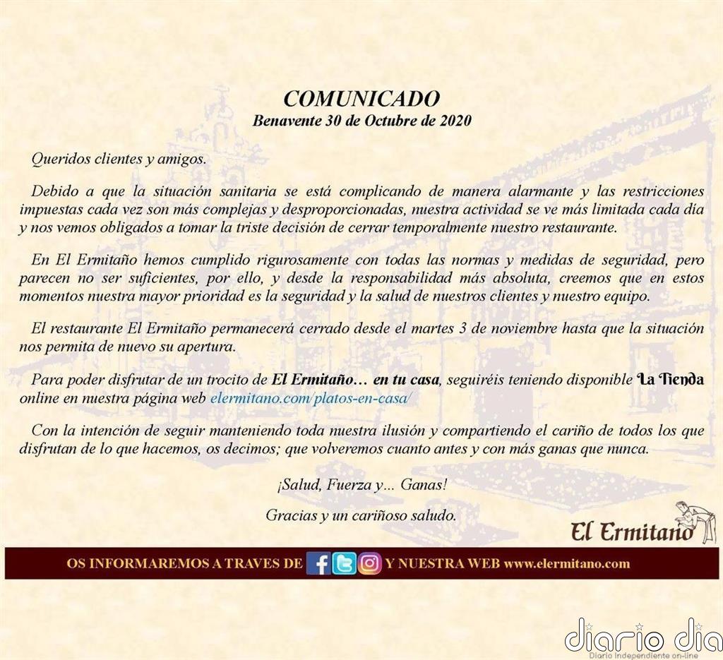 El Ermitaño de Benavente, con Estrella Michelin, cierra desde este martes ante las medidas "desproporcionadas"