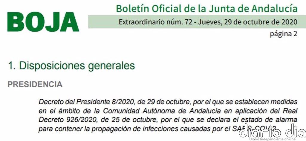 La Junta publica 'in extremis' el BOJA que regula el cierre perimetral de Andalucía y el confinamiento de 449 municipios