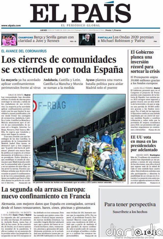 Las portadas de los periódicos del miércoles 29 de octubre Portadas