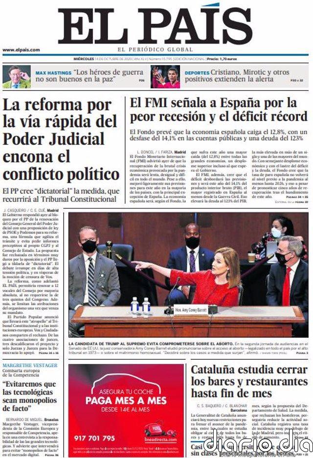 Las portadas de los periódicos del miércoles 14 de octubre de 2020 Portadas