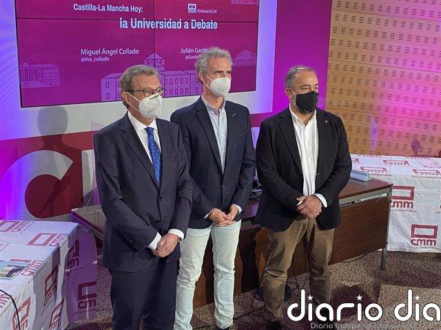 Collado defiende sus inversiones tras acusarle Garde de dejar perder fondos UE Los candidatos al Rectorado de la UCLM Miguel Ángel Collado y Julián Garde en el debate protagonizado en CMM Radio.