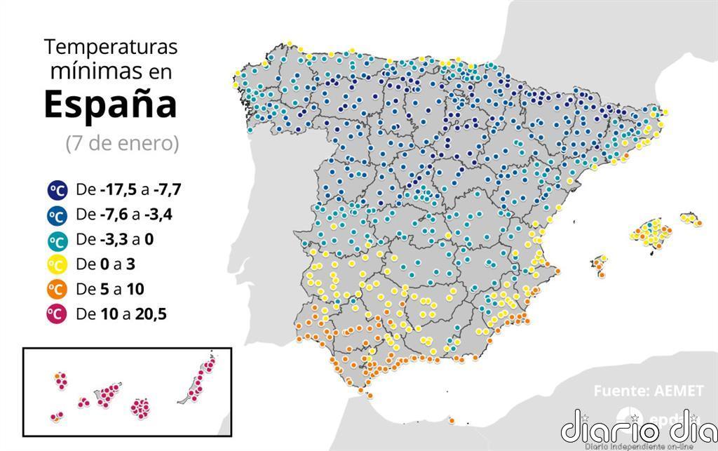 Borrasca 'Filomena': mapa de temperaturas mínimas en España