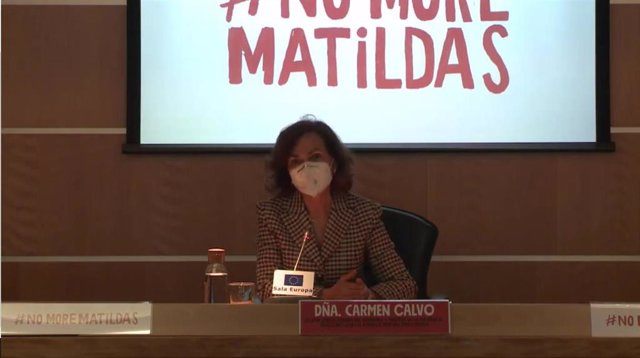 La vicepresidenta Primera, Carmen Calvo, durante la presentación de la campaña 'No more Matildas'