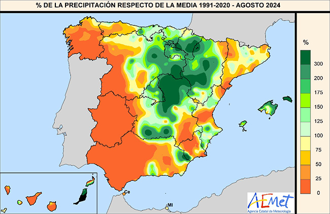 Porcentaje de precipitación respecto a la media de 1991-2020 en agosto de 2024.
