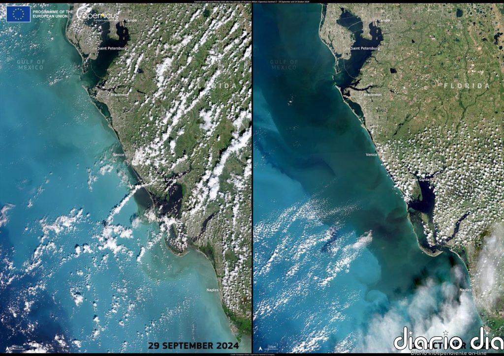 Copernicus elige como imagen del día la costa oeste de Florida antes y después del huracán 'Milton'