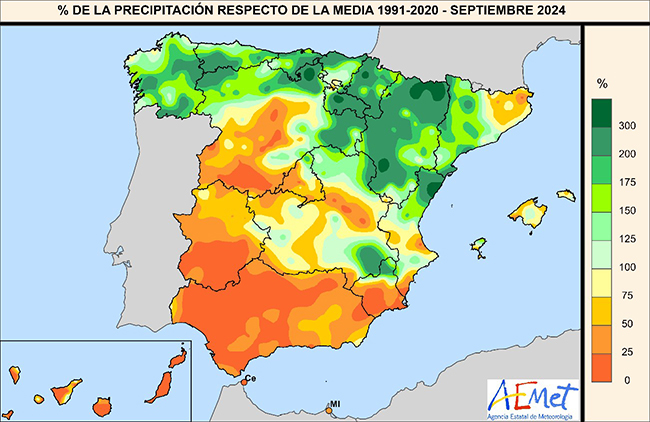 Porcentaje de precipitación respecto a la media de 1991-2020 en julio de 2024.