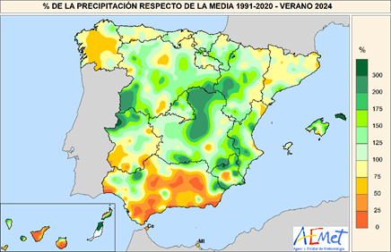 Porcentaje de las precipitaciones respecto al promedio normal del período 1991-2020 durante el verano de 2024.