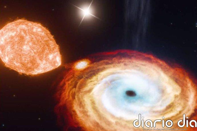 Físicos descubren el primer "triple agujero negro" Representación artística del sistema binario de rayos X y agujero negro V404 Cygni.