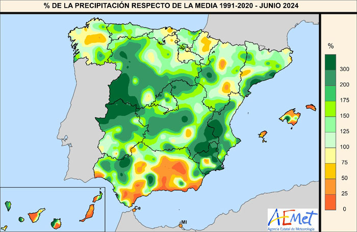 Porcentaje de precipitación respecto a la media de 1991-2020 en junio de 2024.