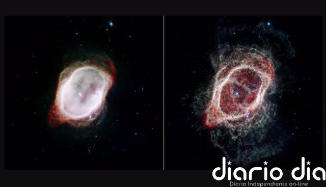 La desordenada muerte de una estrella, según lo observado por Webb A la izquierda, la imagen de Webb de la Nebulosa del Anillo Sur destaca el gas muy caliente que rodea las 2 estrellas centrales. A la derecha, la imagen de Webb rastrea los flujos moleculares dispersos de la estrella que se han adentrado más en el cosmos.