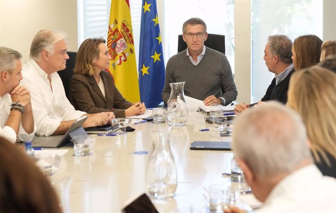 La cúpula del PP acusa a Sánchez de centrarse durante la DANA en sacar los PGE, el "asalto" a RTVE y quitarles Requena El líder del PP, Alberto Núñez Feijóo, preside una reunión del comité de dirección del PP.