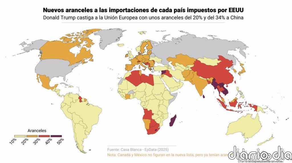 Mapamundi y listado completo de los nuevos aranceles de Trump a las importaciones en 2025, país por país