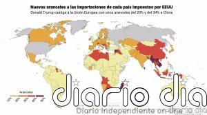 Mapamundi y listado completo de los nuevos aranceles de Trump a las importaciones en 2025, país por país