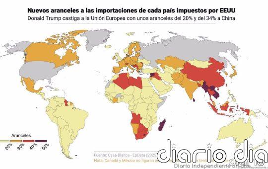 Mapamundi y listado completo de los nuevos aranceles de Trump a las importaciones en 2025, país por país