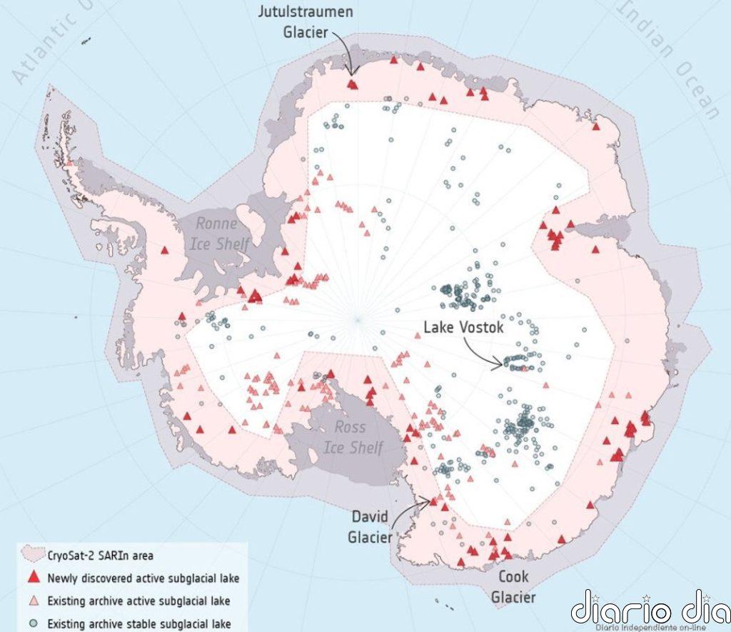 Docenas de nuevos lagos descubiertos bajo el hielo de la Antártida