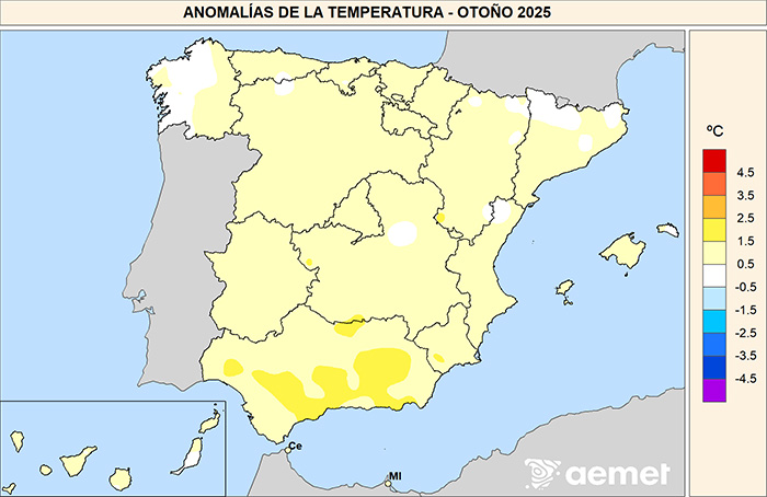 Anomalías de la temperatura registrada en el otoño de 2025 respecto al promedio normal del período 1991-2020.
