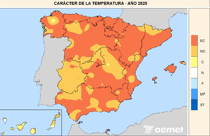 Carácter de la temperatura en 2025 en España