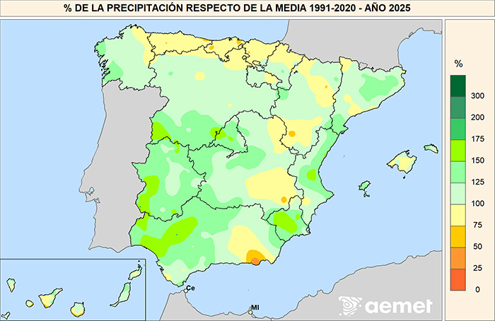 Porcentaje de la precipitación con respecto a la media 1991-2020 en 2025.