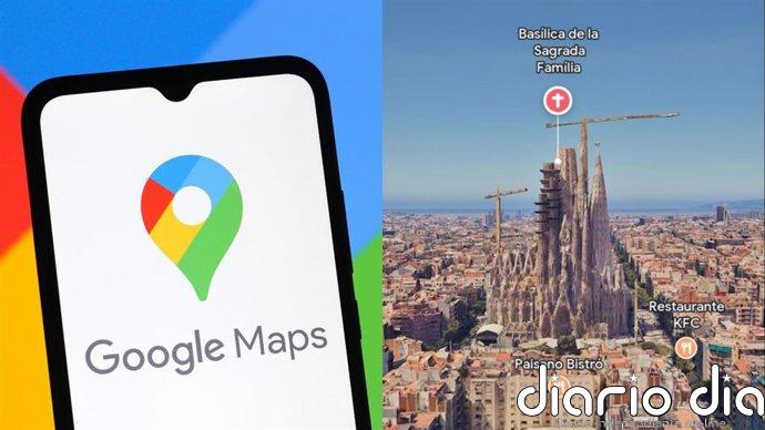 Así es la Vista Inmersiva de Google Maps, la función que permite explorar ciudades con inteligencia artificial Logo de Google Maps junto a la Vista Inmersiva de la Sagrada Familia de Barcelona.