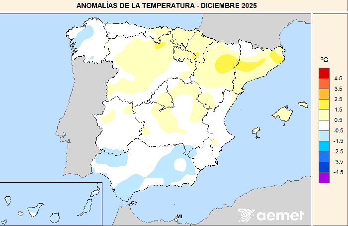 Anomalías de las temperaturas medias en diciembre de 2025 respecto al período 1991-2020.