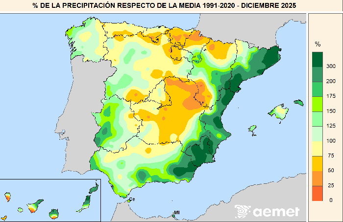 Porcentaje de la precipitación con respecto a la media 1991-2020 en diciembre de 2025.