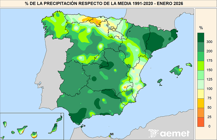 Porcentaje de la precipitación con respecto a la media 1991-2020 en enero de 2026.