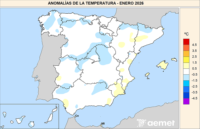 Anomalías de las temperaturas medias en enero de 2026 respecto al período 1991-2020.