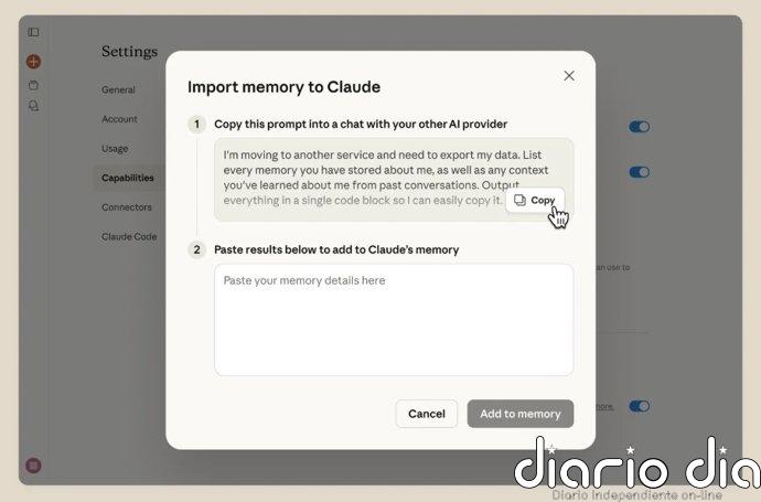 Claude ahora permite incorporar a su memoria las conversaciones mantenidas con ChatGPT, Copilot y Gemini
