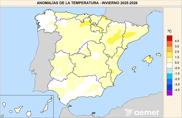 Anomalías de la temperatura registrada en el invierno 2025-26 respecto al promedio normal del período 1991-2020.