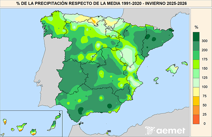 Porcentaje de las precipitaciones respecto al promedio normal del período 1991-2020 durante el invierno 2025-26.