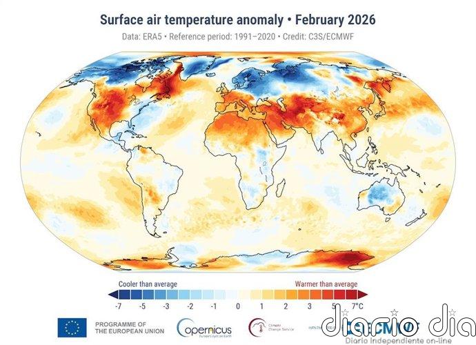 Febrero de 2026 fue el quinto mes más cálido registrado, con 1,49ºC más de media, según Copernicus