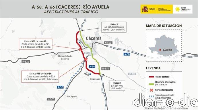 La A-66 a la altura de Cáceres se cortará al tráfico este sábado en ambos sentidos por obras