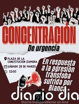 La mujer trans agredida en La Bañeza (León) sufre una fractura de mandíbula que requiere intervención quirúrgica Cartel de la concentración que tendrá lugar en Zamora este sábado para condenar la agresión sufrida por una mujer trans el pasado fin de semana en La Bañeza (León).