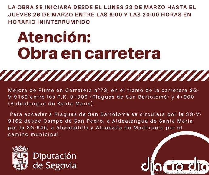 La SG-V-9162 entre Riaguas y Aldealengua de San María estará cortada desde este lunes por las obras de mejora del firme
