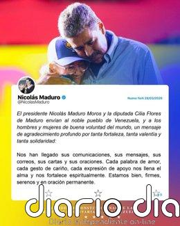 Maduro asegura que está "bien y firme" tras su comparecencia en Nueva York y llama al diálogo en Venezuela El presidente de Venezuela, Nicolás Maduro, y su esposa, Cilia Flores, envían al noble pueblo venezolano