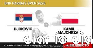 Novak Djokovic - Kamil Majchrzak, en directo hoy: sigue el partido de BNP Paribas Open