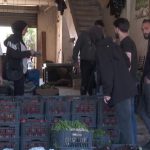 Voluntarios reparten bolsas de comida entre los desplazados por la guerra en la ciudad libanesa de Tiro