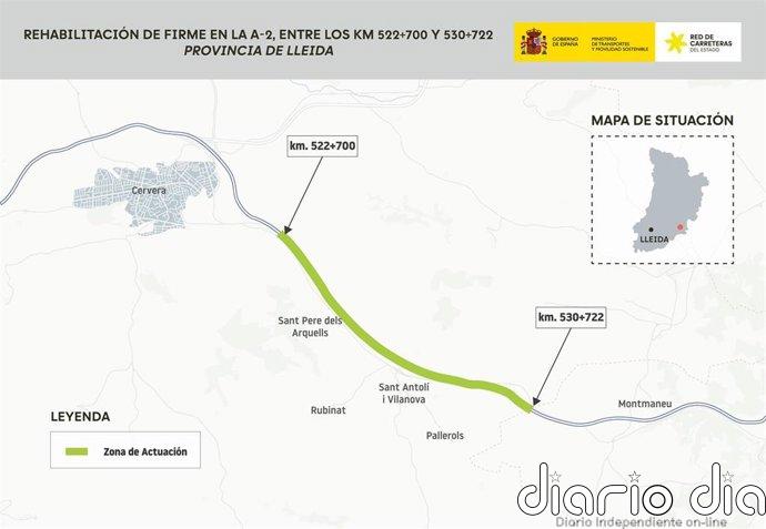 Adjudicada la rehabilitación del firme en la A-2 entre Cervera y Sant Antolí i Vilanova (Lleida)