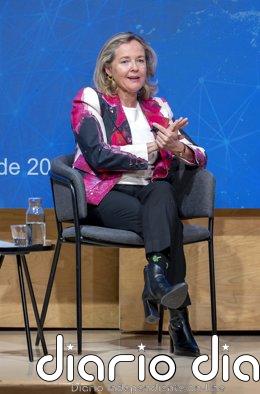 Calviño, sobre el nombramiento de Cuerpo como vicepresidente: "Siento una enorme alegría y un gran orgullo" La presidenta del Banco Europeo de Inversiones (BEI), Nadia Calviño, durante el encuentro ‘Geoeconomía en tiempos de incertidumbre’, en el Espacio Bertelsmann, a 7 de abril de 2026, en Madrid (España).