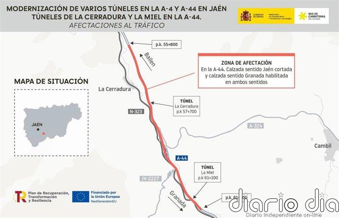 Cambios de tráfico desde este lunes por las obras de modernización de dos túneles de la A-44, a su paso por Jaén