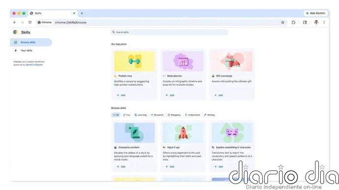 Google lanza las 'skills' en Chrome para que guardar las indicaciones de Gemini en el navegador