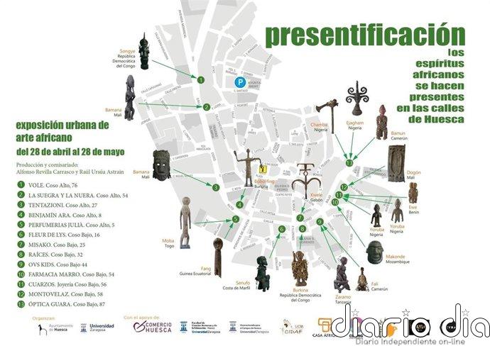 Huesca convierte sus escaparates en un museo urbano con la exposición urbana de arte africano 'Presentificación'