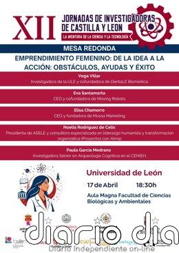 La ULE acogerá el viernes la XII edición de las Jornadas de Investigadoras de Castilla y León Cartel informativo de las XII Jornadas de Investigadoras de Castilla y León con los ponentes y detalles del evento en la Facultad de Ciencias Biológicas y Ambientales de la Universidad de León.