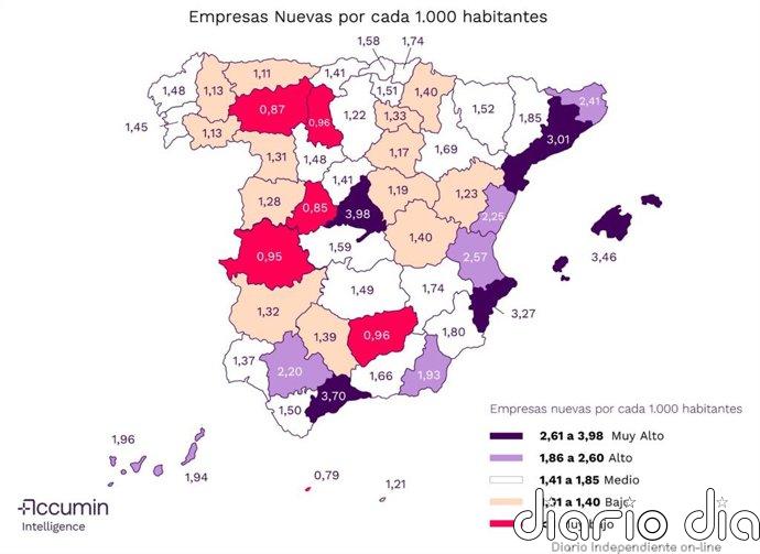 Madrid, Málaga y Baleares lideran el número de nuevas empresas por cada 1.000 habitantes, según Accumin