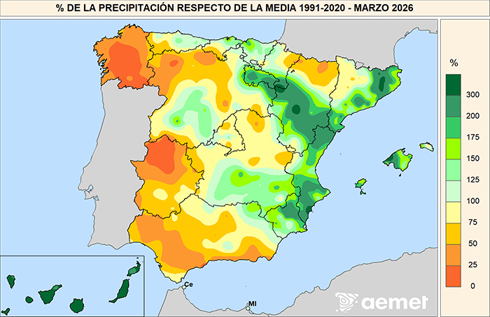 Porcentaje de la precipitación con respecto a la media 1991-2020 en marzo de 2026.