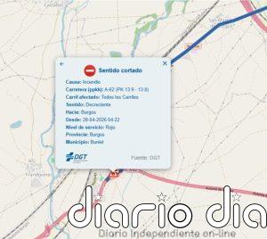 Sucesos. Un incendio provoca el corte de los dos carriles de la A-62 en sentido Burgos, a la altura de Buniel