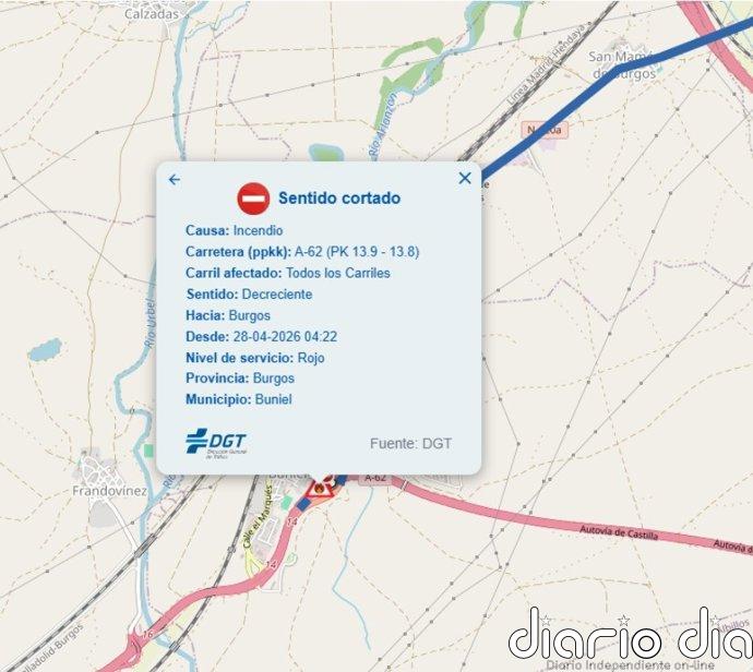 Sucesos. Un incendio provoca el corte de los dos carriles de la A-62 en sentido Burgos, a la altura de Buniel