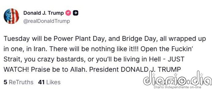 Trump exige a los "locos cabrones" de Irán que abran para el martes "el puto estrecho" de Ormuz